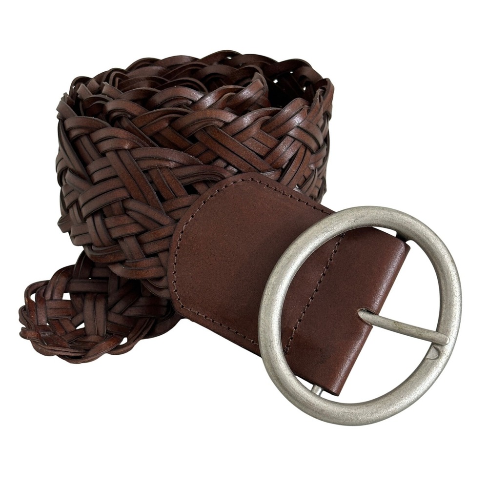 Boho Western Brown Woven Bonded Leather Belt L Silver Circle Buckle Retro VTG